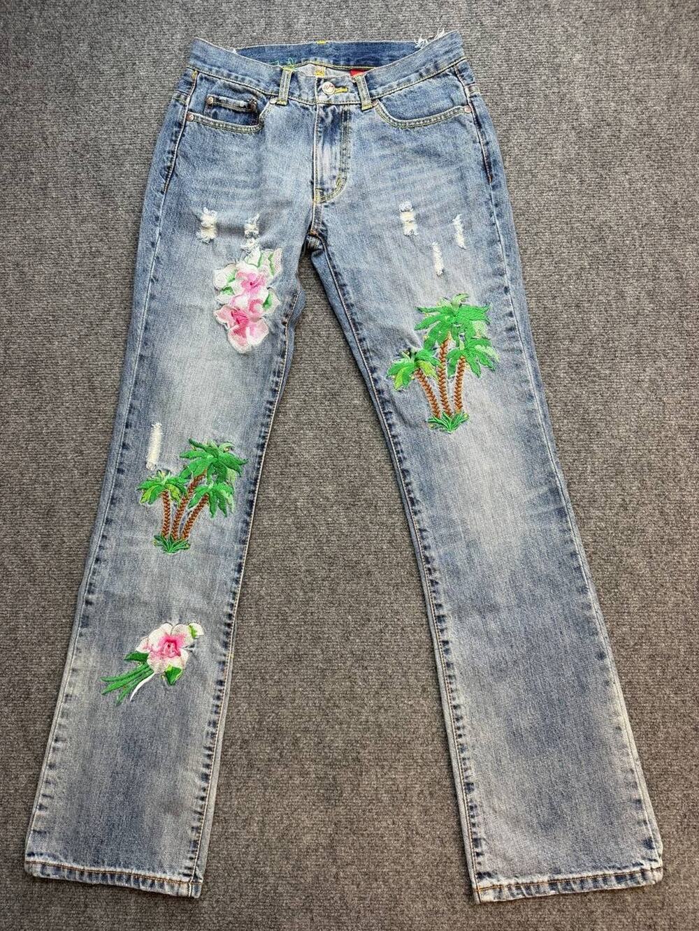 Western Denim Bank Women’s 28 Y2K Tropical Embroidered Distressed Jeans